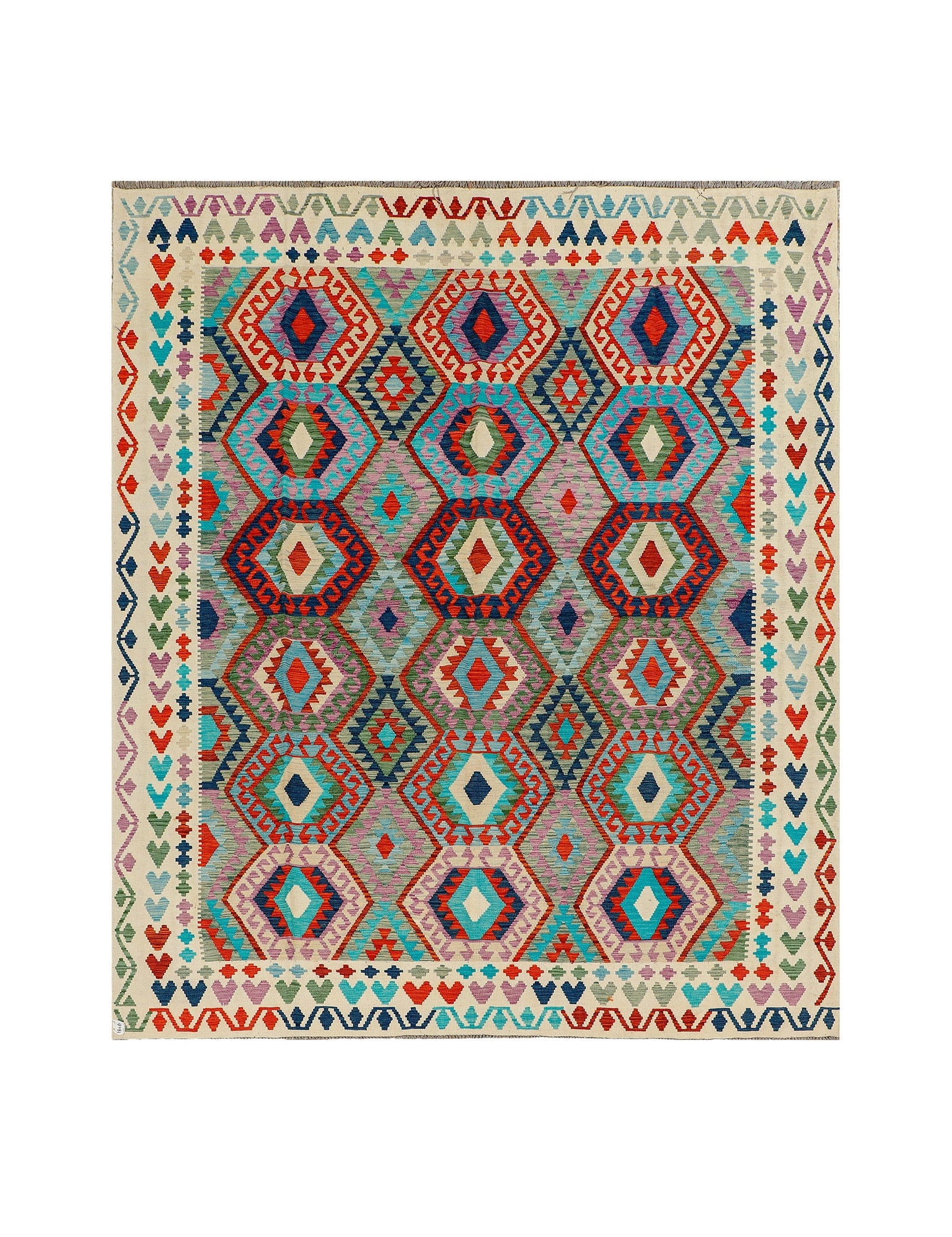 Afghan Maimana kilim — Large Diamonds in Turquoise & Red | 8'5" × 9'11" (256 × 302 cm)
