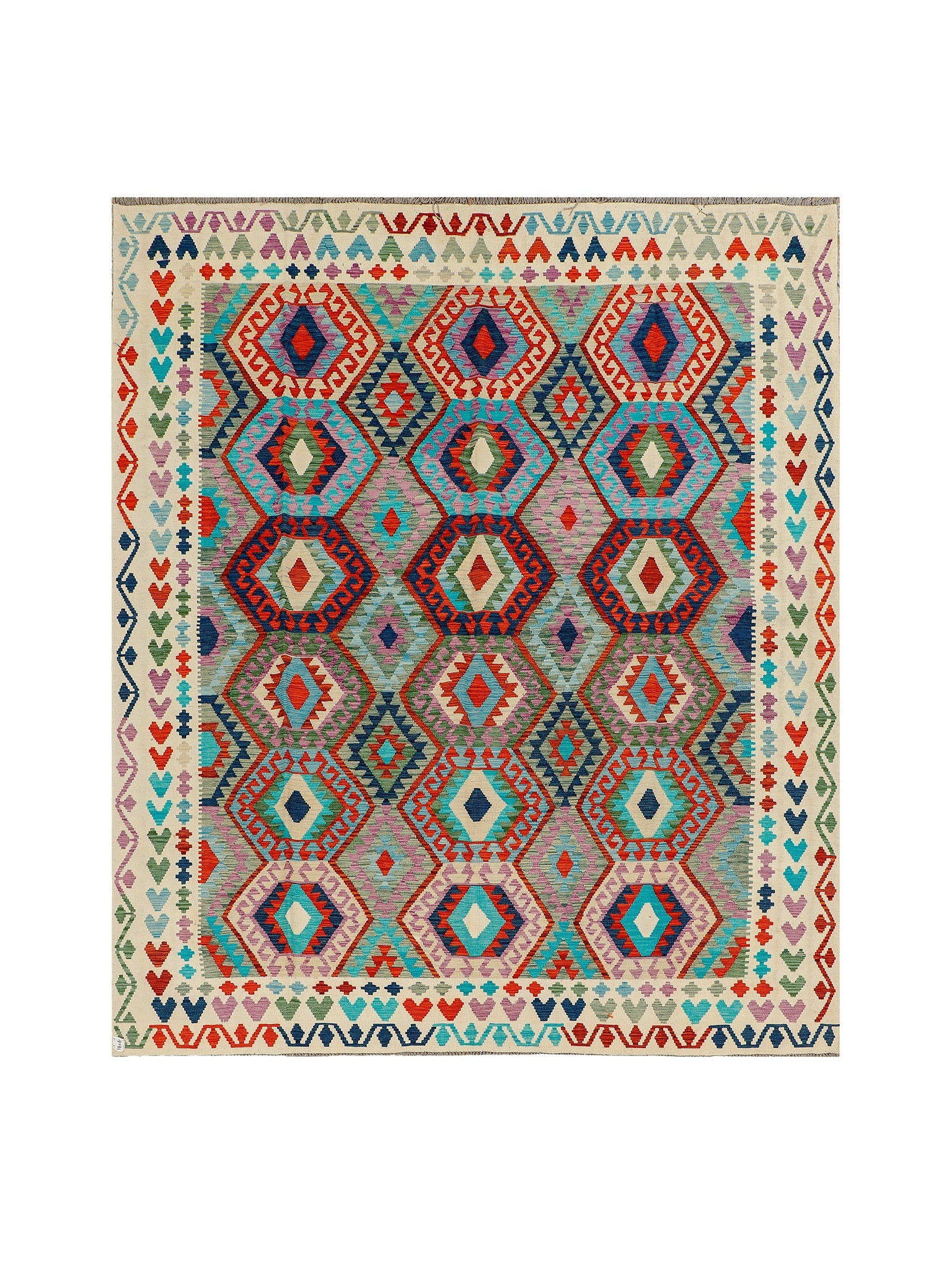 Afghan Maimana kilim — Large Diamonds in Turquoise & Red | 8'5" × 9'11" (256 × 302 cm)