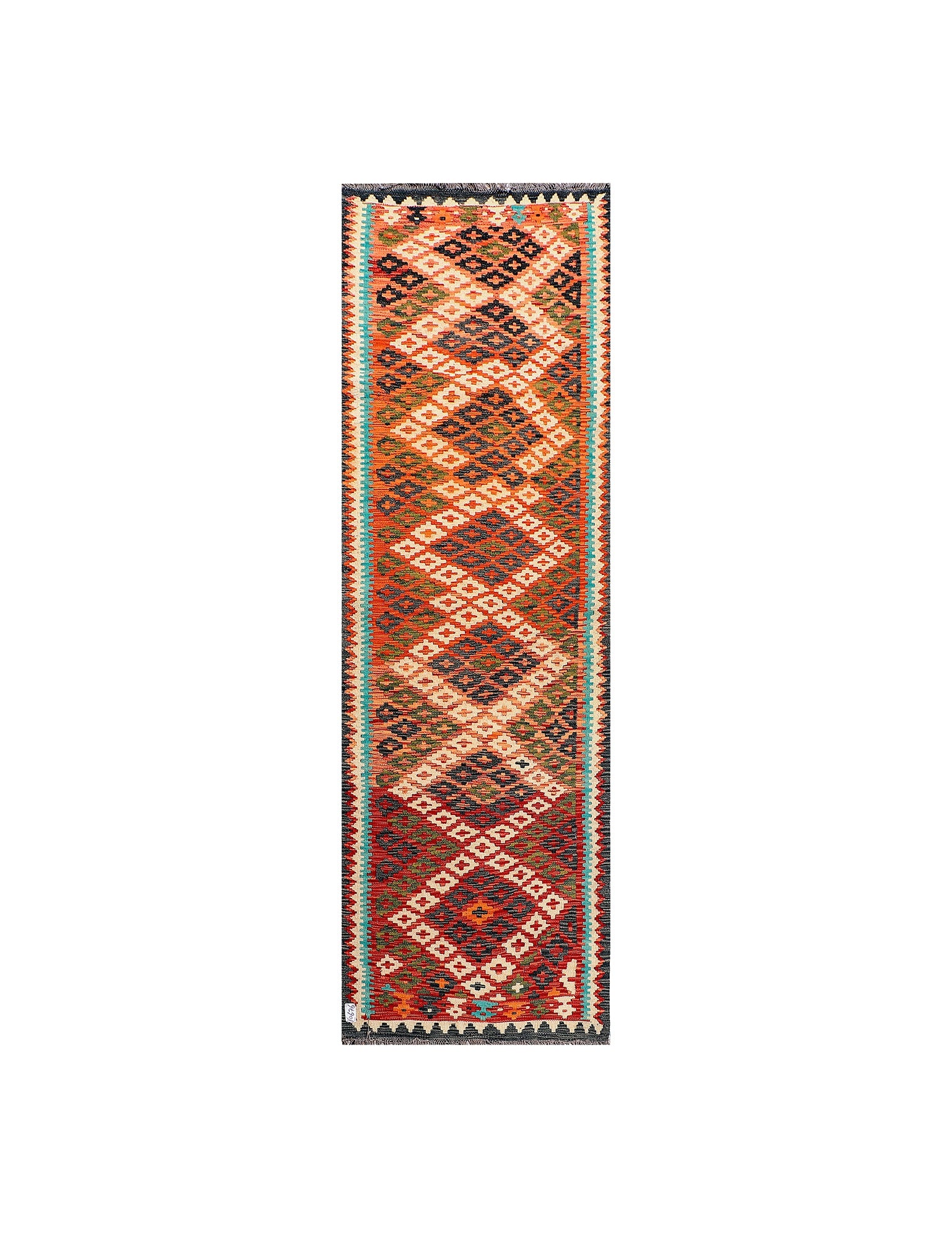 Afghan Maimana runner — Small Diamonds in Rust & Charcoal | 3'1" × 9'9" (94 × 296 cm)
