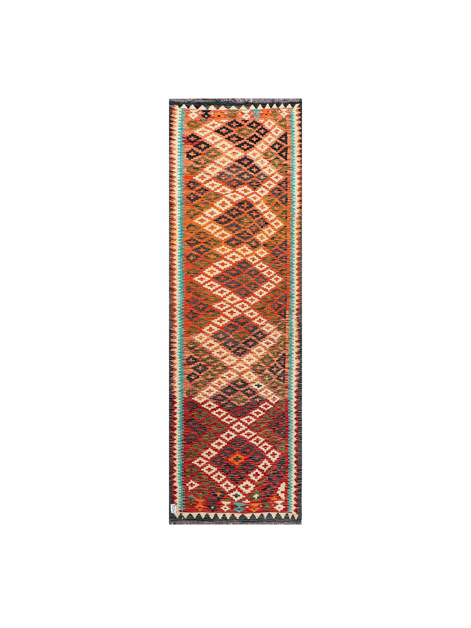 Afghan Maimana runner — Small Diamonds in Rust & Charcoal | 3'1" × 9'9" (94 × 296 cm)