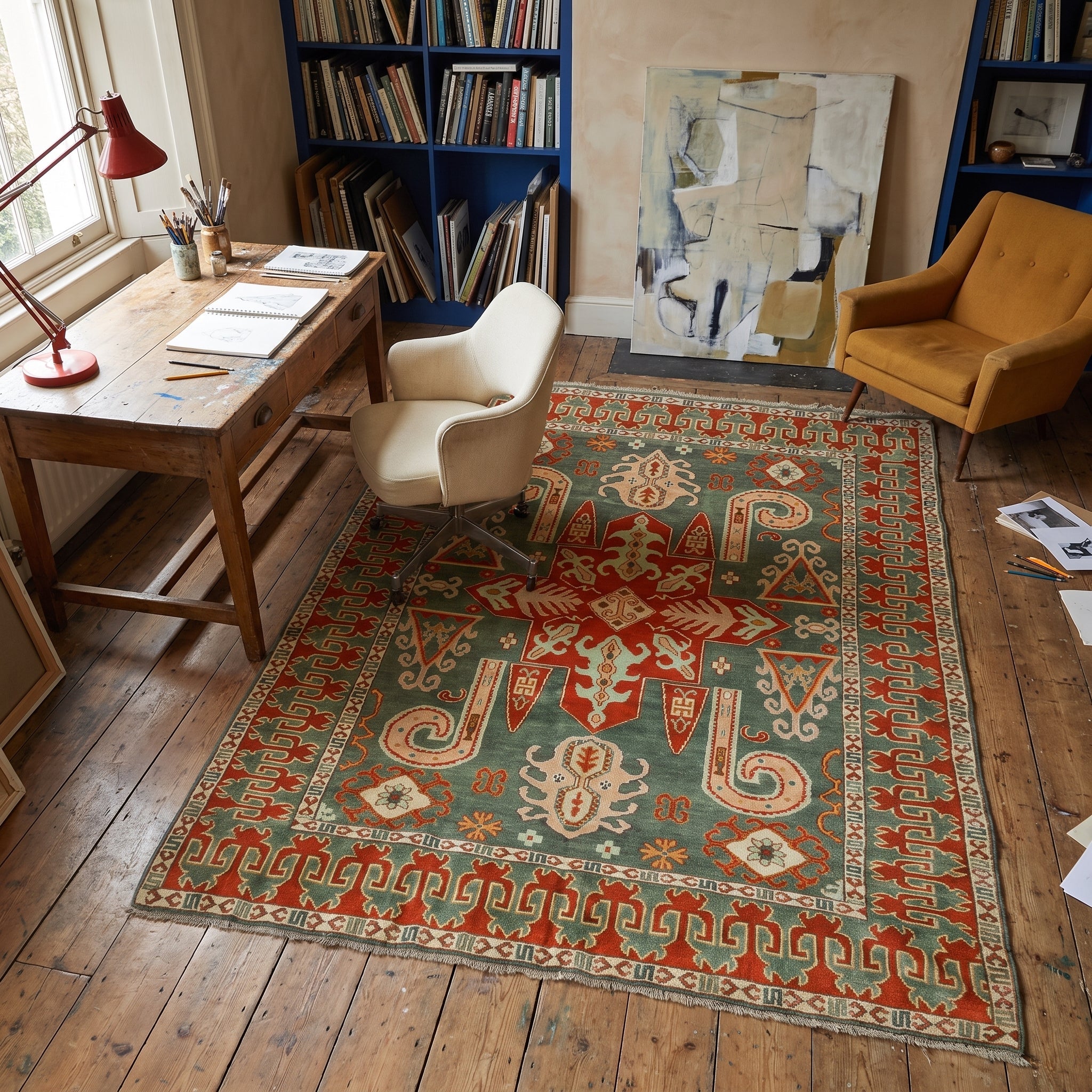 Egyptian Kazak-Style Rug — Sage Green & Vermilion | 6'6" × 8'5" - Rug the Rock - availabletexas