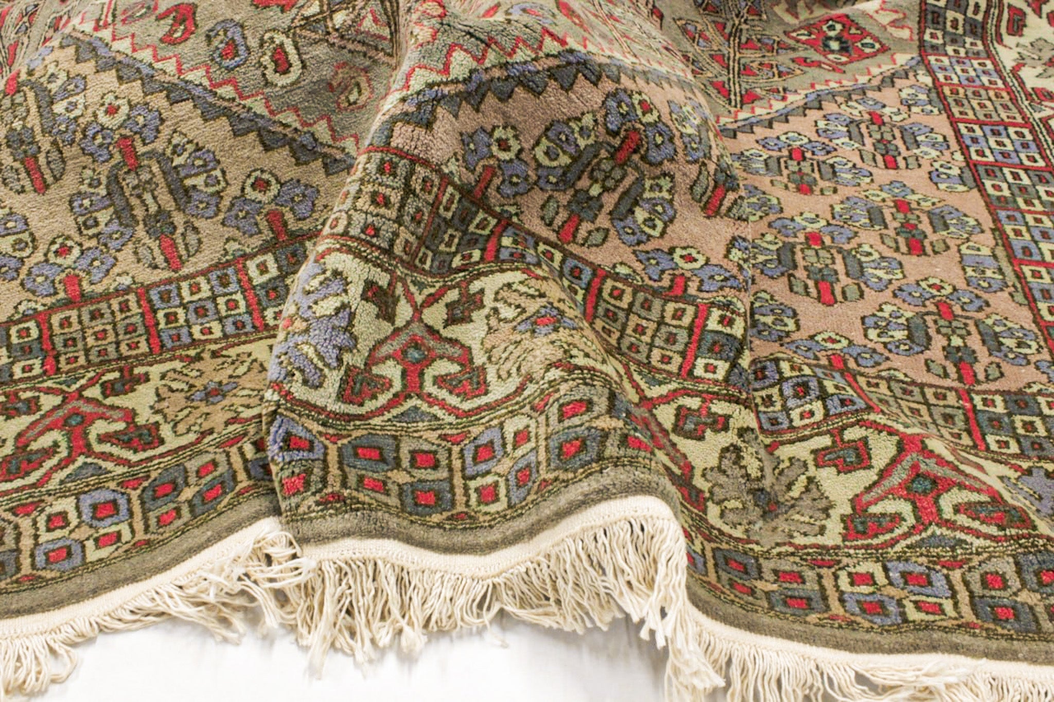 Oriental rug close-up corner with beige field, red details, blue accents, and fringe edge
