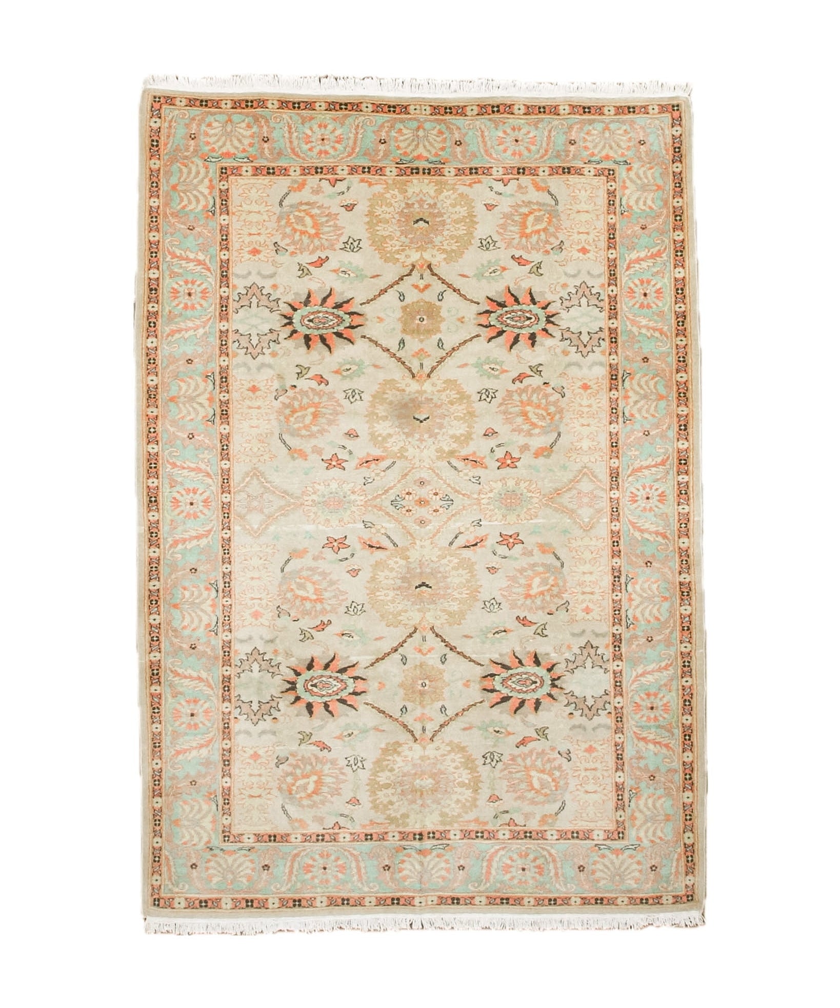 Sultanabad rug with cream ground, coral and teal floral medallions, fringed border