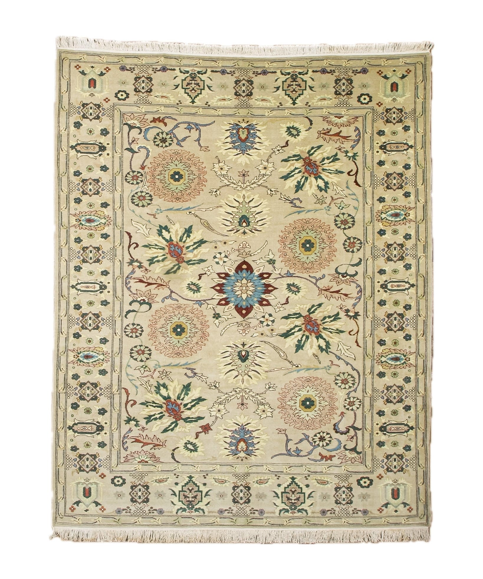 Square Sultanabad rug in ivory with floral and rosette medallions, multicolor border, fringed.