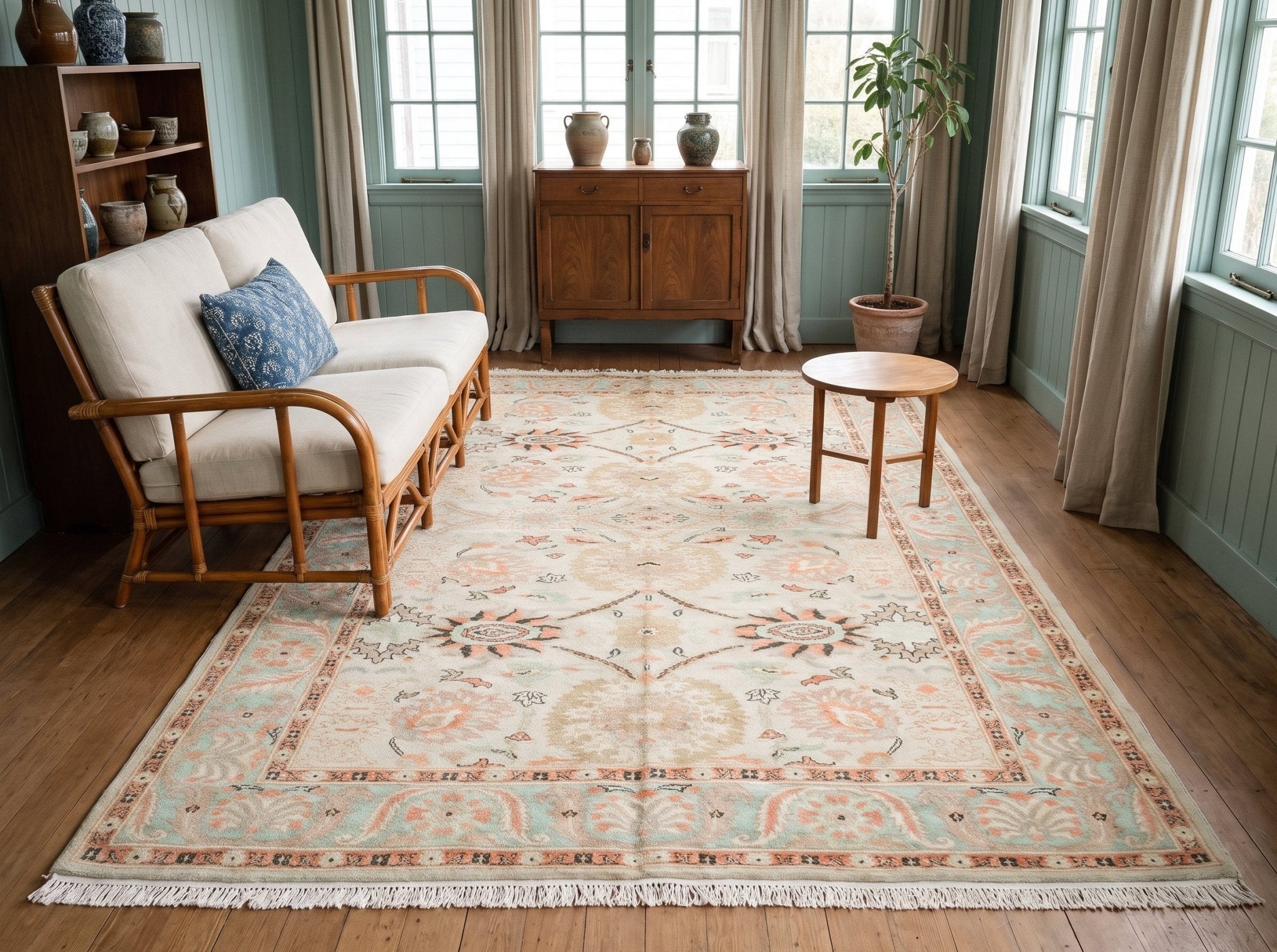 Egyptian Sultanabad-Style Rug — Seafoam & Apricot Florals | 6'4" × 9'2" - Rug the Rock - availabletexas