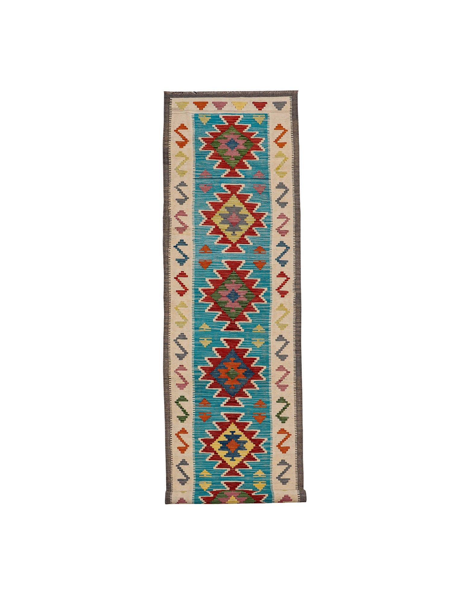 Afghan Maimana runner — Red Medallions on Turquoise | 2'8" × 16'1" (82 × 491 cm)