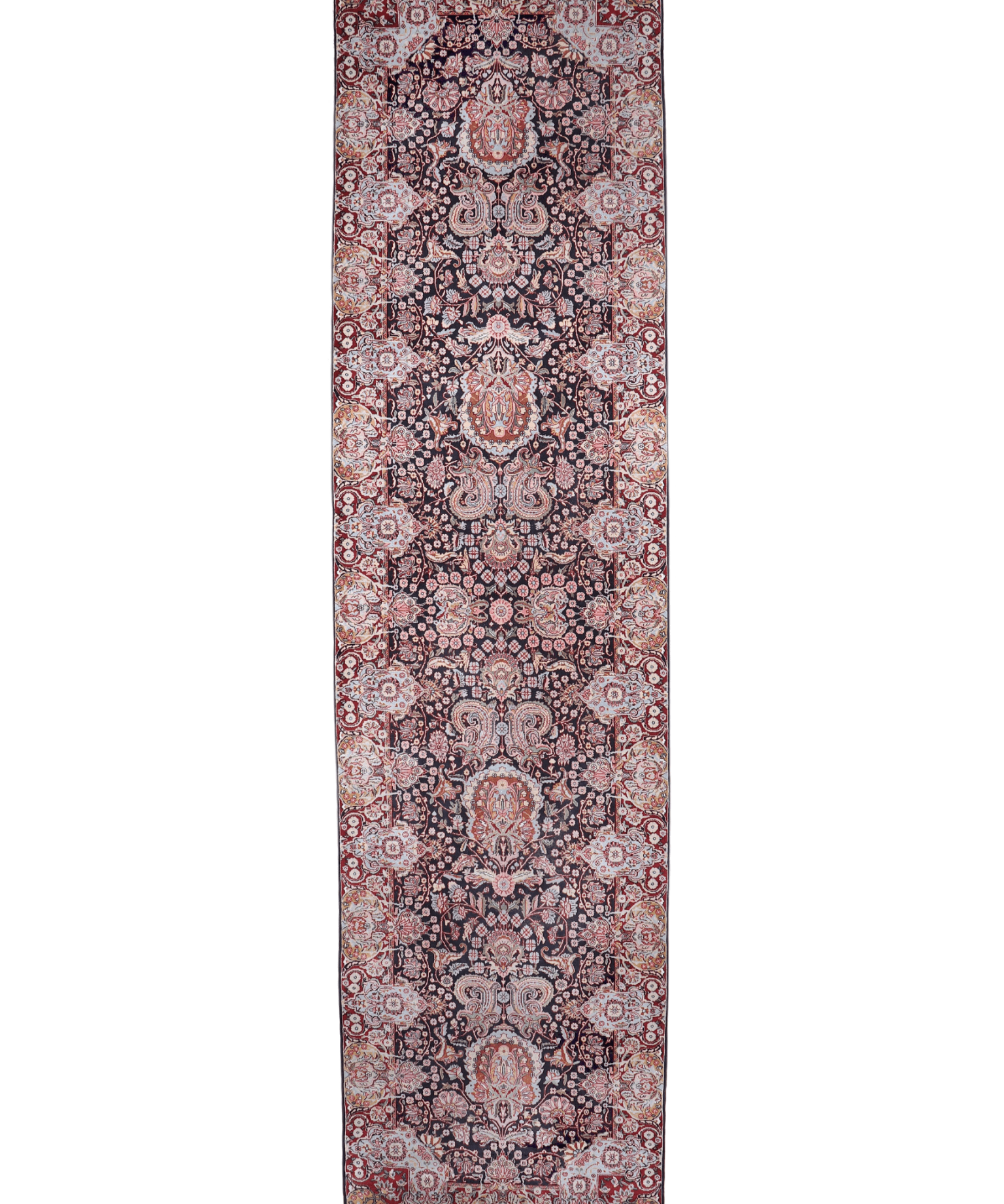 Persian Kirman runner rug with ornate pink and navy floral medallion pattern