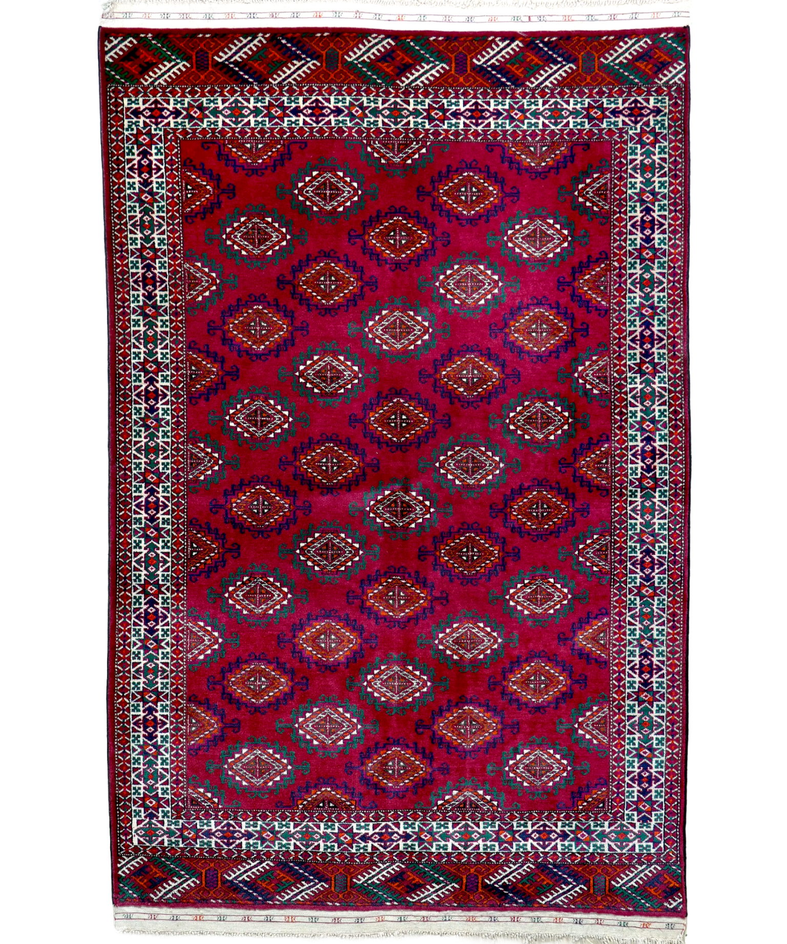 Rectangular burgundy Bukhara rug with navy border, repeating diamond lattice, fringes