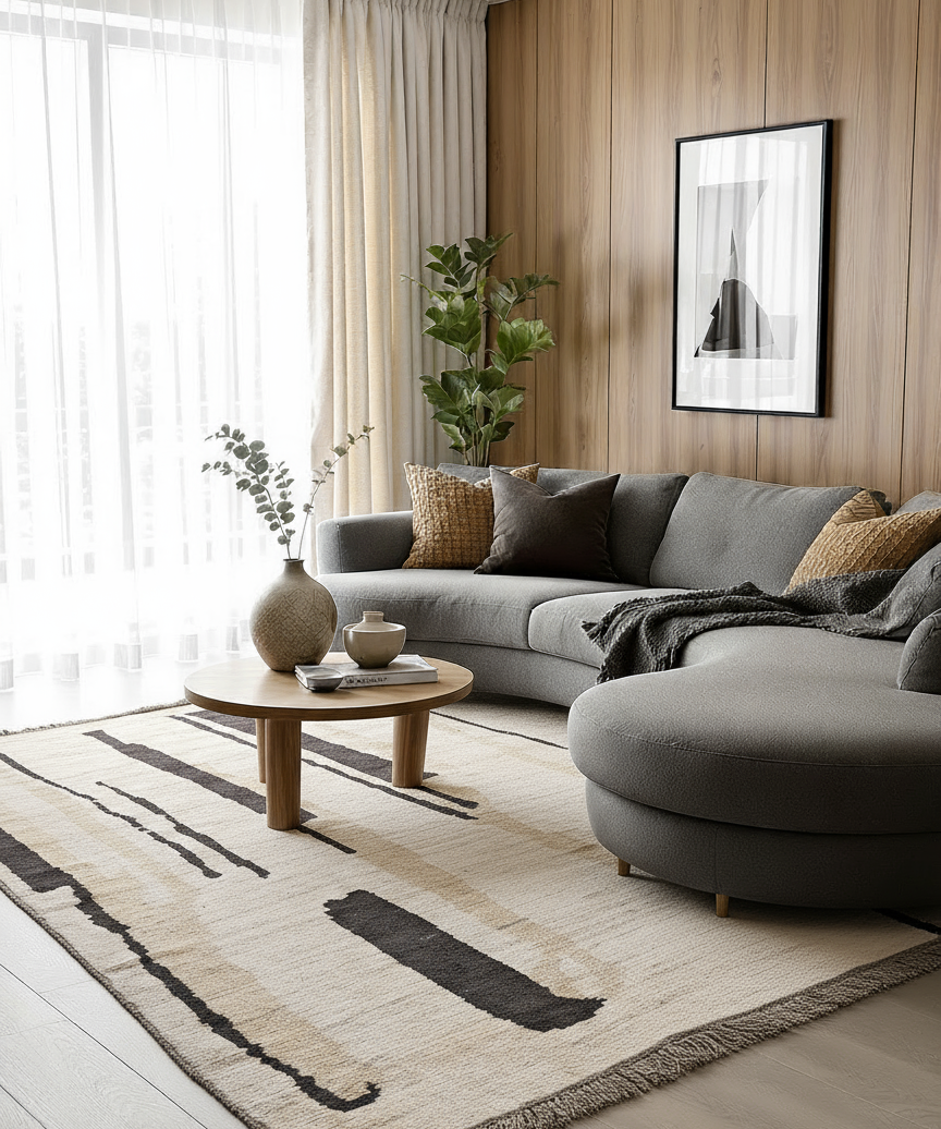 Hand-Knotted Wool Rug — Black Brushstrokes on Ivory | 8'0" × 9'11"