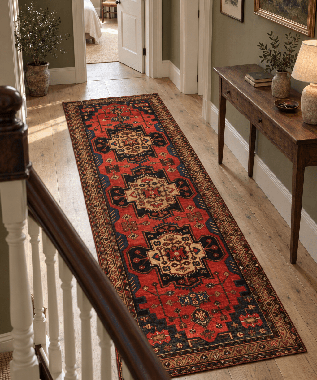 Hamadan Runner — Scarlet & Ivory Star Medallions | 3'6" × 9'8" - Rug the Rock - available