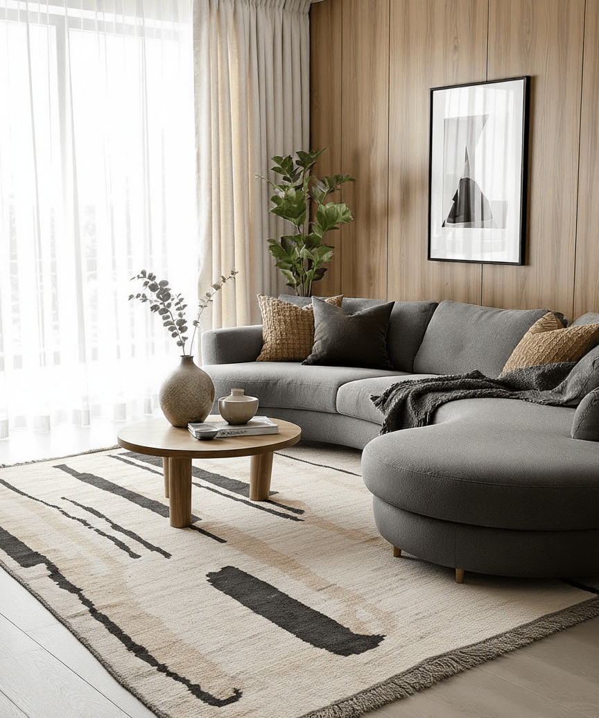Hand-Knotted Wool Rug — Black Brushstrokes on Pale Beige | 8' × 9'11"