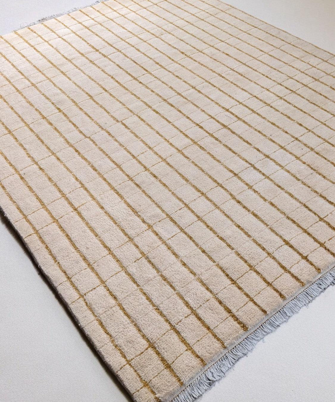 Hand-Knotted Wool Rug — Fine Taupe Grid on Ivory | 8'2" × 9'11"
