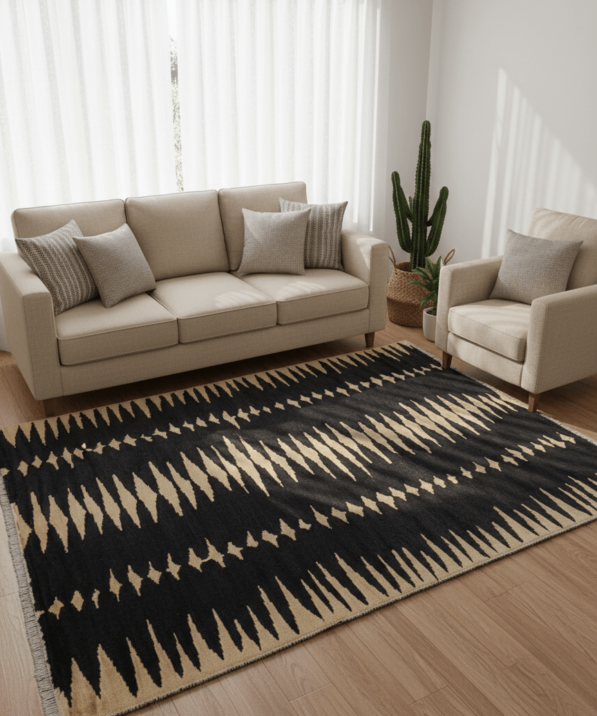 Hand-Knotted Wool Rug — Gold Zigzags on Black | 8'4" × 9'1"