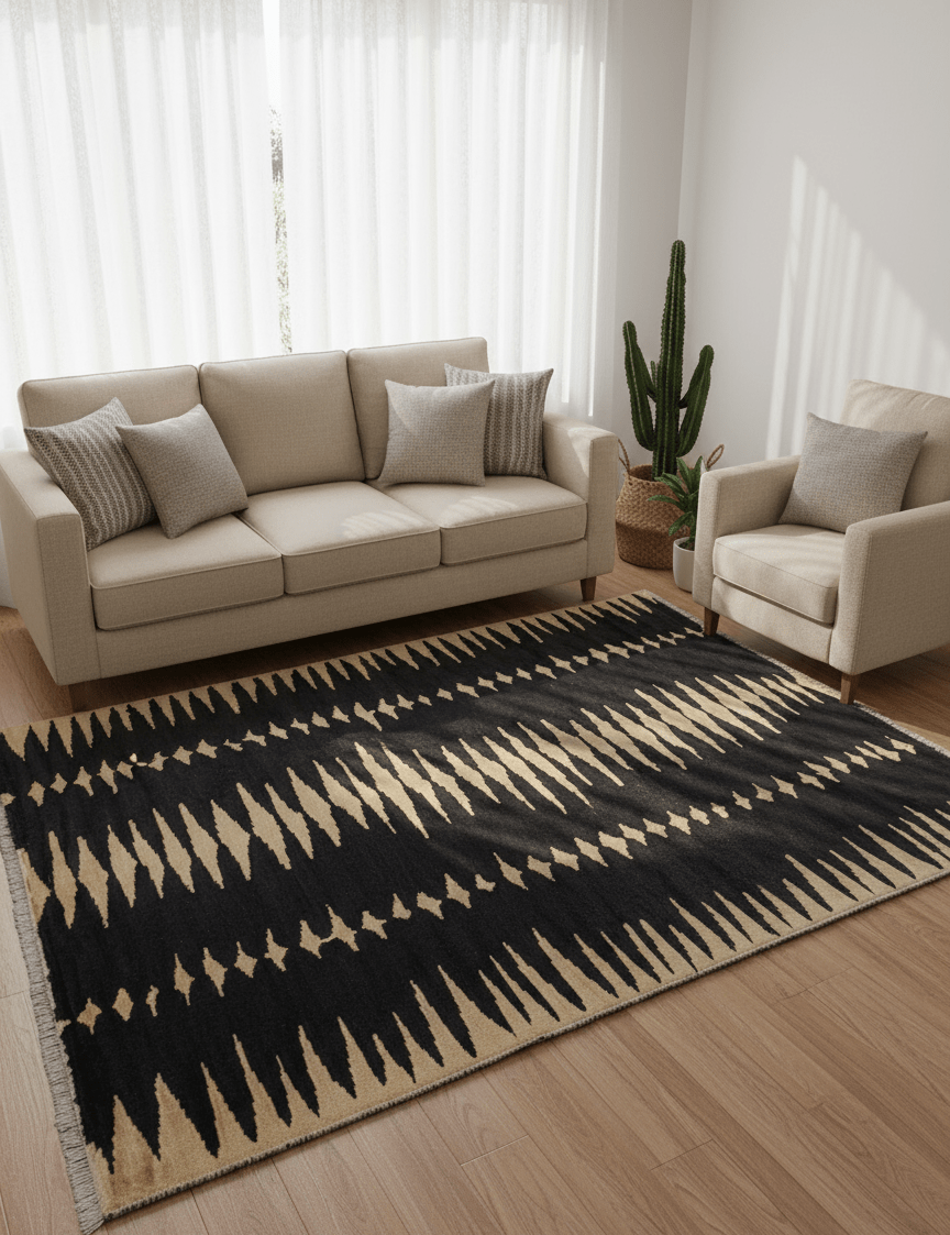 Hand-Knotted Wool Rug — Gold Zigzags on Black | 8'4" × 9'1"