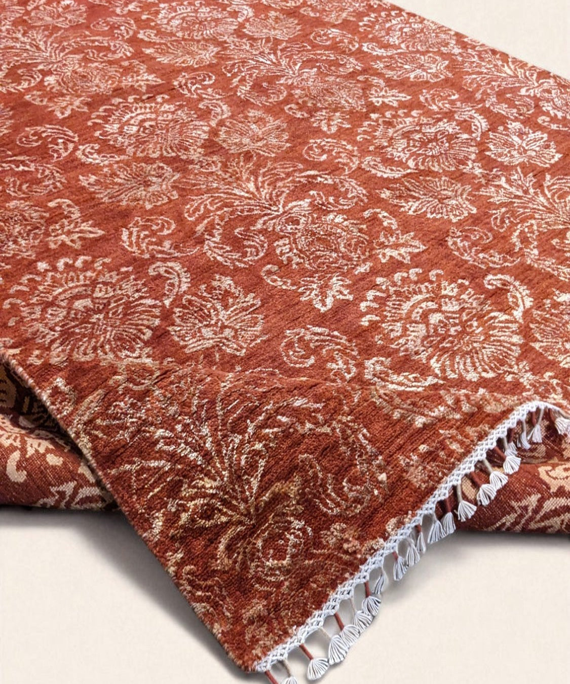 Ikat-Inspired Chobi Rug — Ivory Florals on Terracotta | 6'1" × 8'9"
