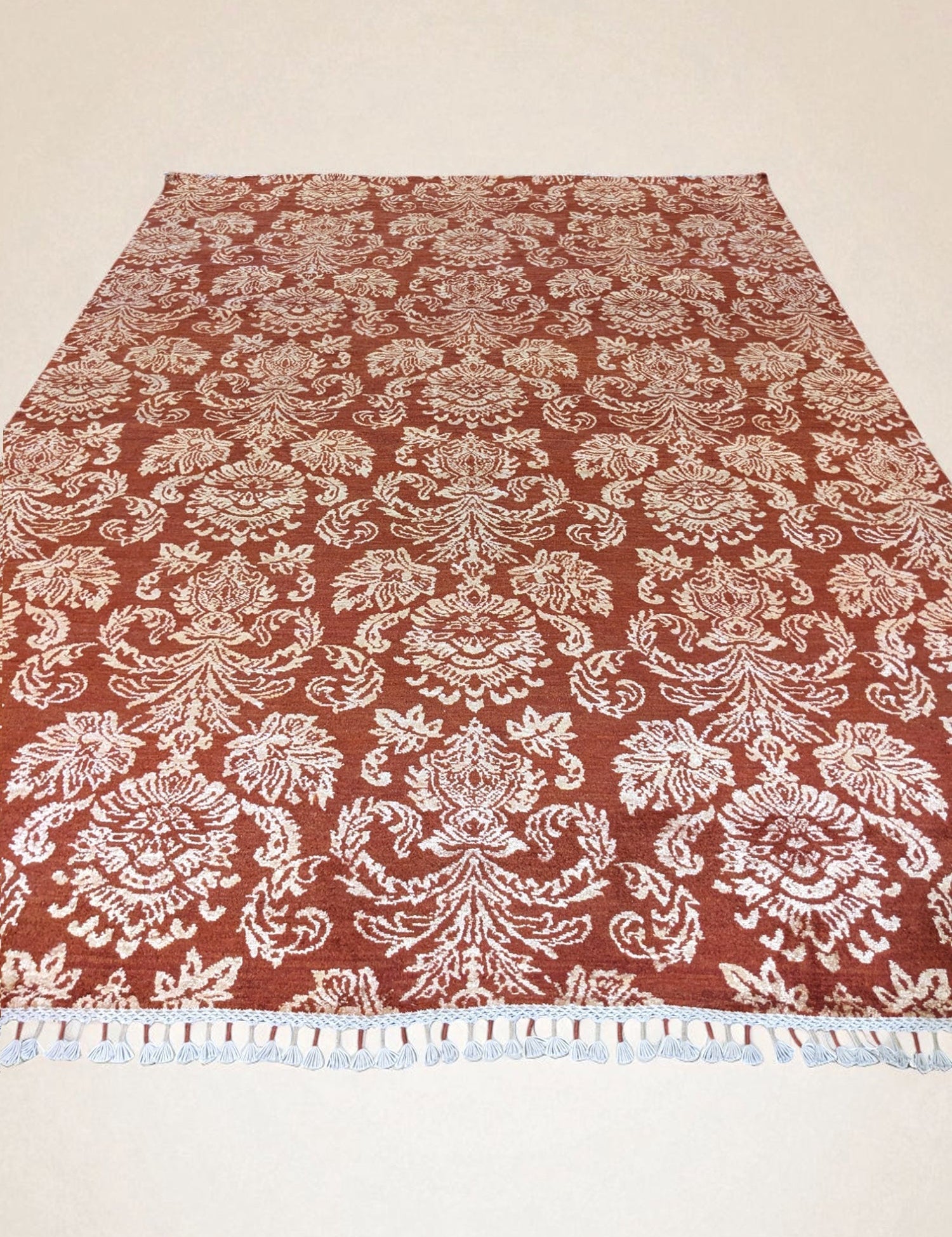 Ikat-Inspired Chobi Rug — Ivory Florals on Terracotta | 6'1" × 8'9"