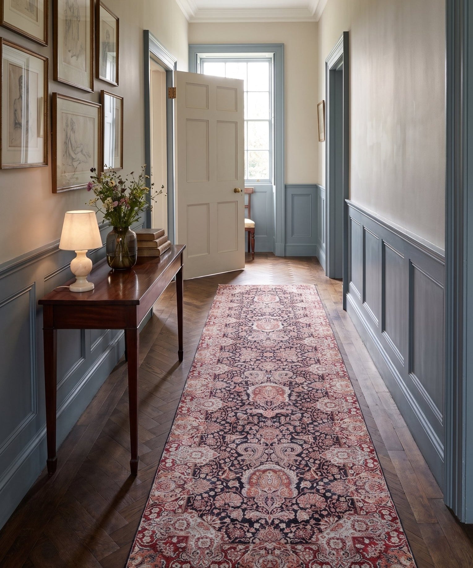 Kirman Runner — Rose & Indigo Floral Scrolls | 3'4" × 12'10" - Rug the Rock - available