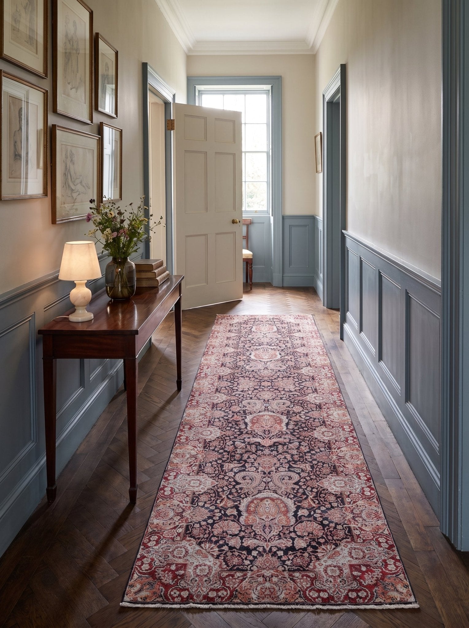 Kirman Runner — Rose & Indigo Floral Scrolls | 3'4" × 12'10" - Rug the Rock - available