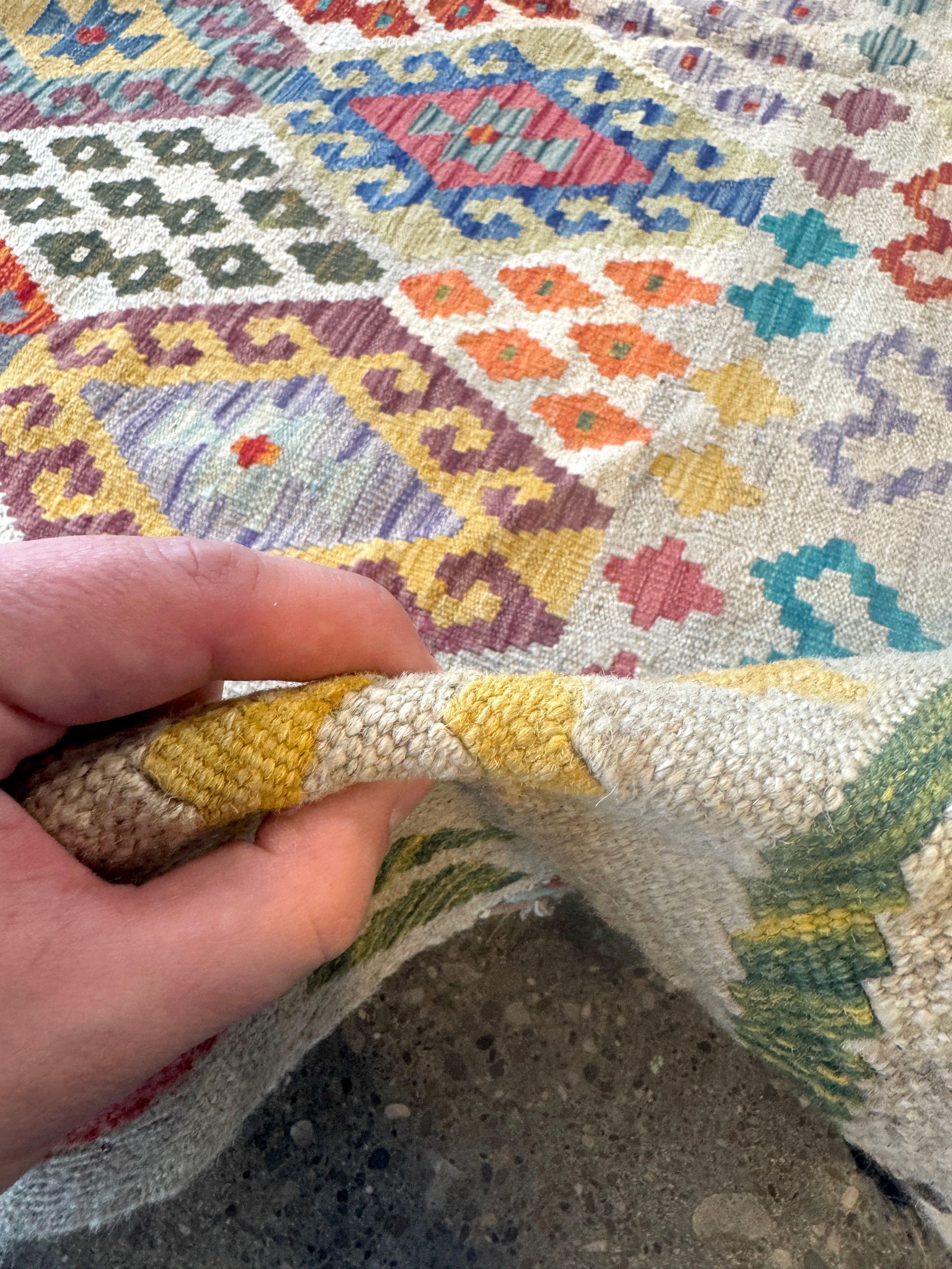 Afghan Maimana kilim construction and texture reference sample. The sample shown is not offered for sale in this listing; choose the actual rug from the pictured designs.