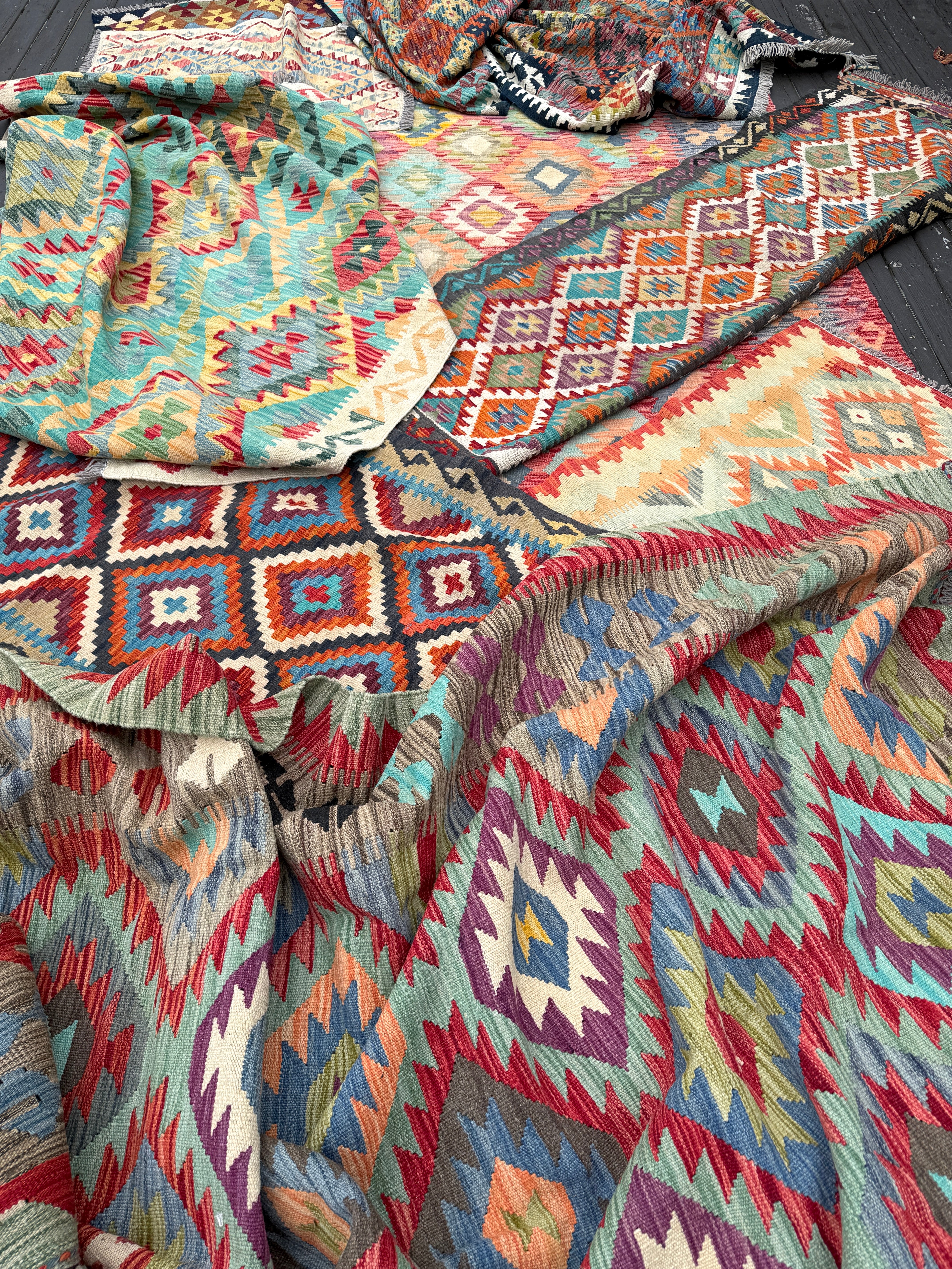 Afghan Maimana kilim construction and texture reference sample. The sample shown is not offered for sale in this listing; choose the actual rug from the pictured designs.