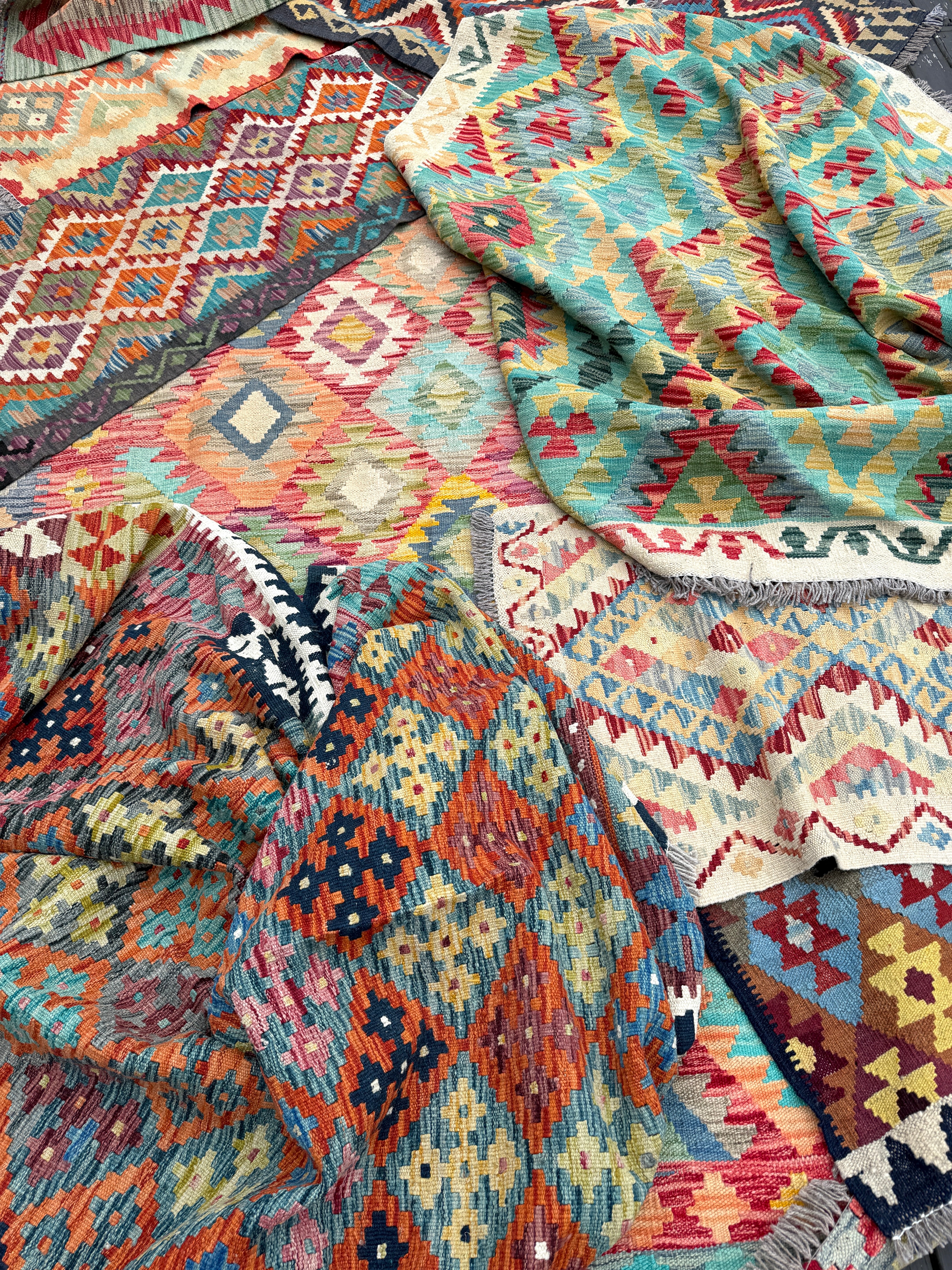 Afghan Maimana kilim construction and texture reference sample. The sample shown is not the rug for sale; see the listing's top-view photograph for the actual rug.