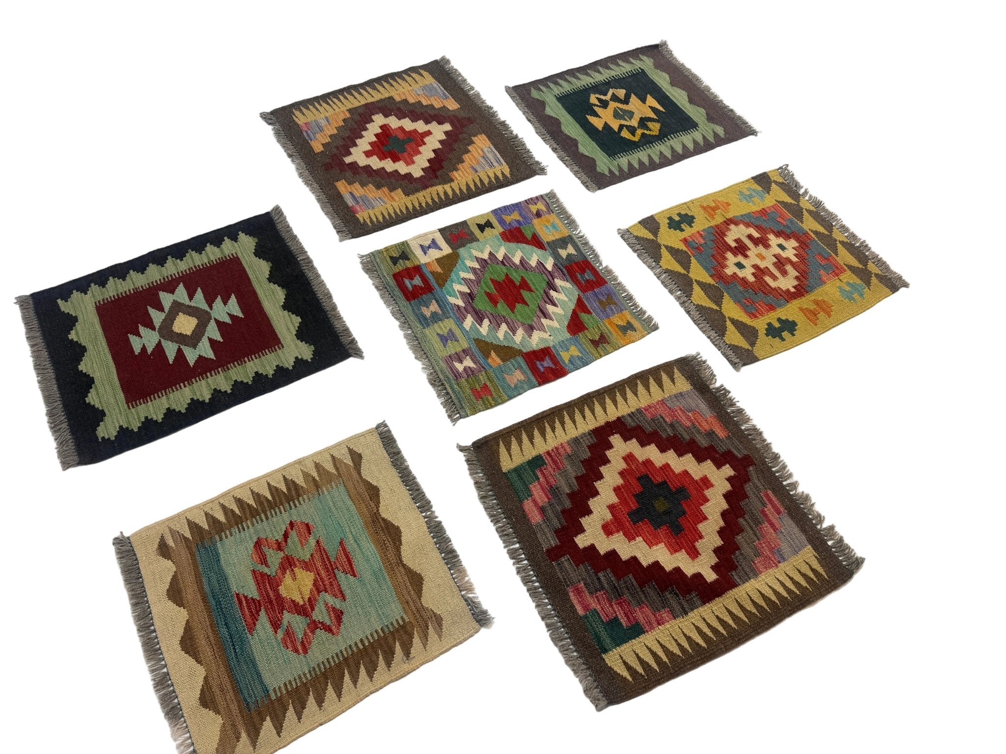 Mini Afghan kilim rug, several small square designs shown side by side