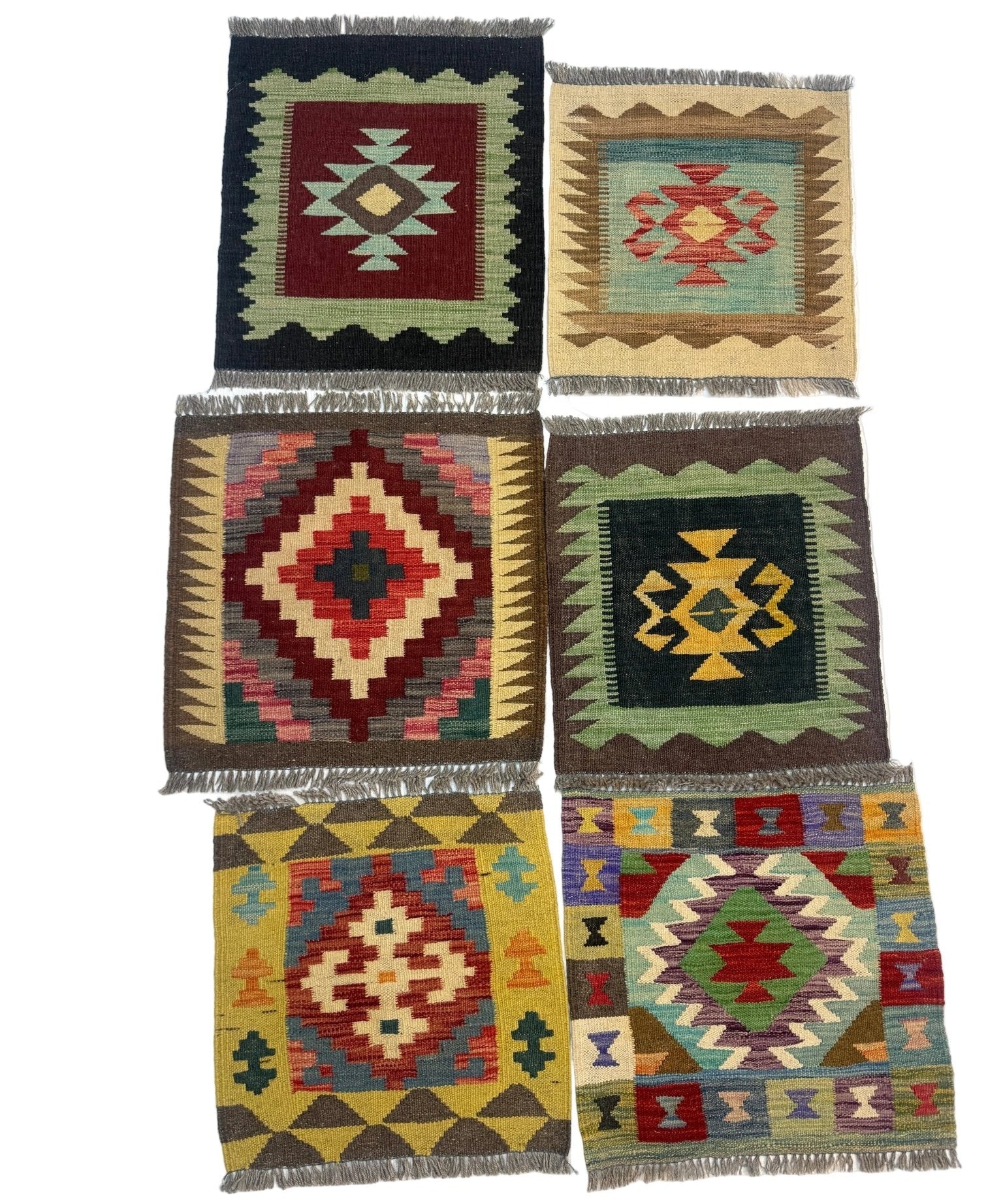 Mini Afghan kilim rug with four stacked geometric panels in navy, green, red