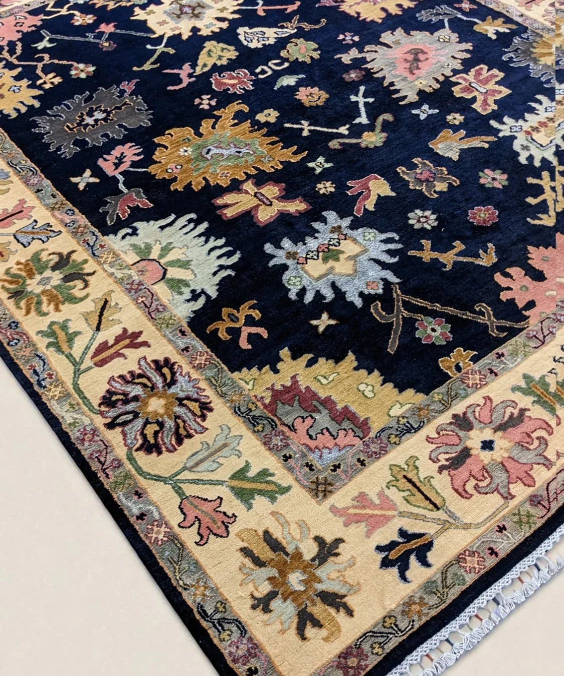 Oushak-Inspired Chobi Rug — Pastel Florals on Midnight Blue | 8' × 10'6"