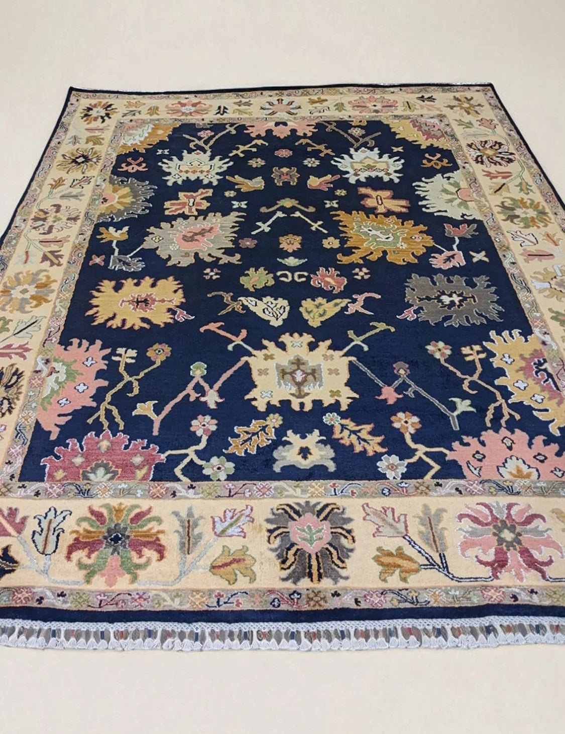 Oushak-Inspired Chobi Rug — Pastel Florals on Midnight Blue | 8' × 10'6"