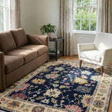 Oushak-Inspired Chobi Rug — Pastel Florals on Midnight Blue | 8' × 10'6"