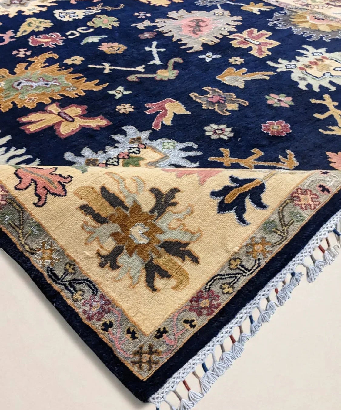 Oushak-Inspired Chobi Rug — Pastel Florals on Midnight Blue | 8' × 10'6"