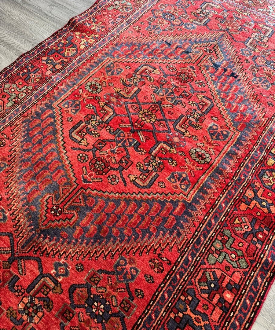 Red Persian-style area rug with central medallion and geometric border pattern