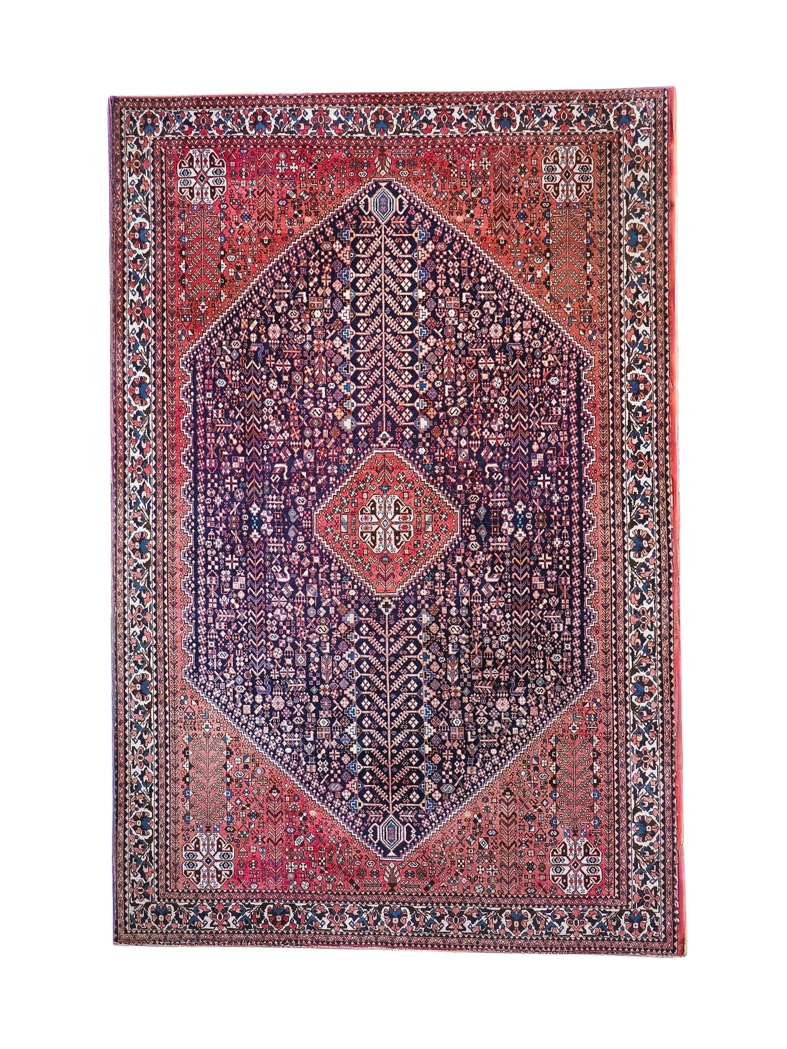 Full view Persian-style rug with red border, navy center, and diamond medallion