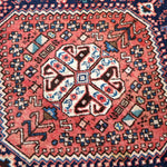 Persian-style area rug with rust red and navy geometric medallion pattern.