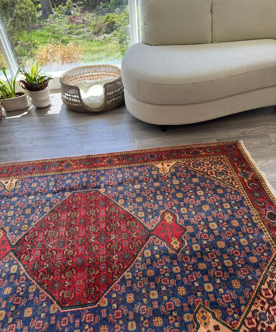 Persian-style area rug with blue ground, red central panel and floral rosette pattern
