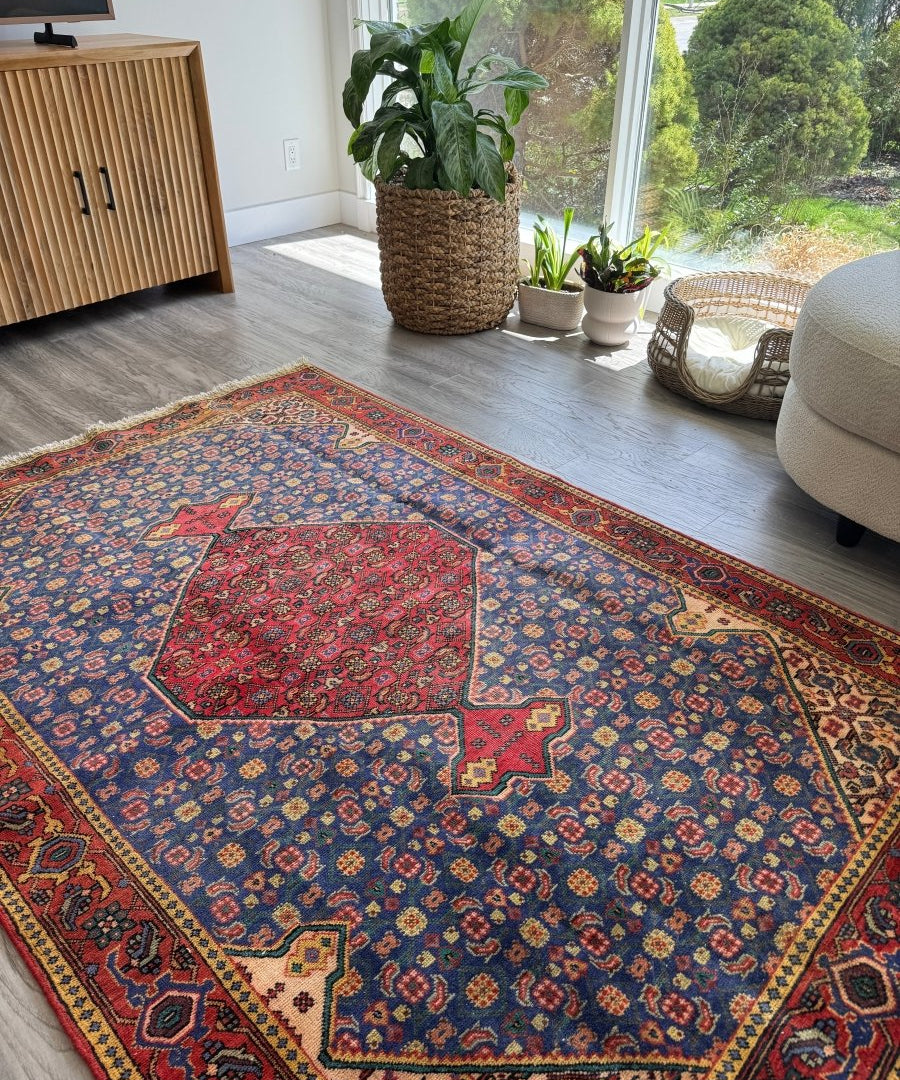 Persian-style area rug, blue with red border and central geometric medallion
