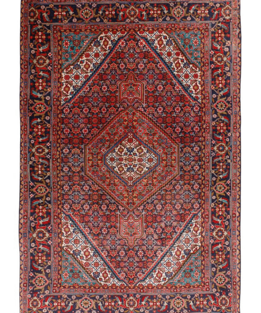 Persian Ardabil-style rug with central diamond medallion in red, cream, and teal