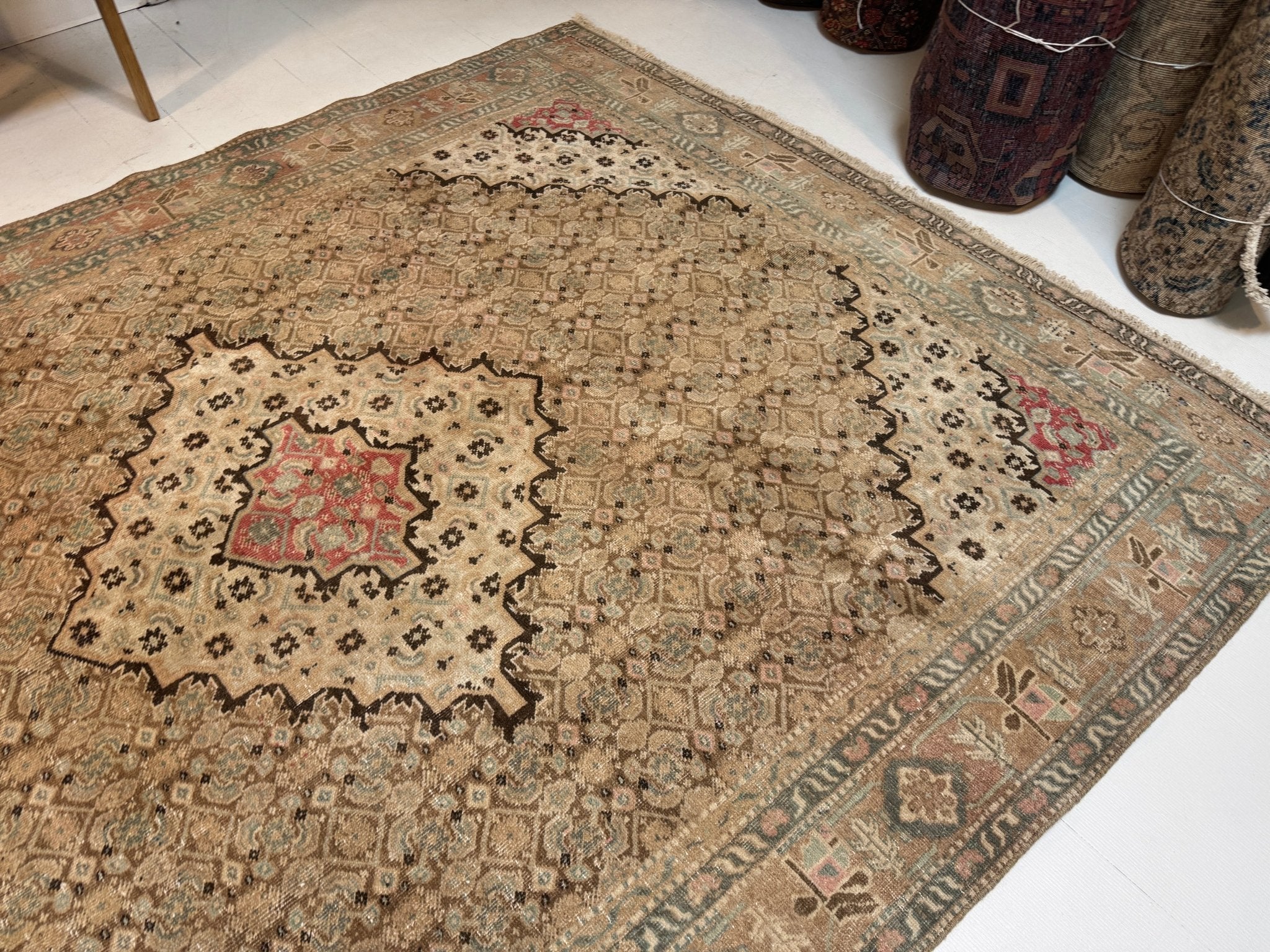 Persian Ardabil rug with beige field, red medallion, floral border, fringed ends.
