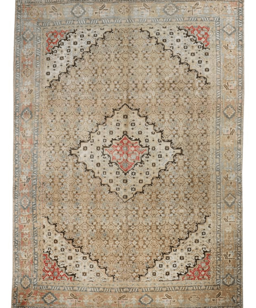 Square beige Persian-style rug with central red medallion, dark border, and corner floral accents