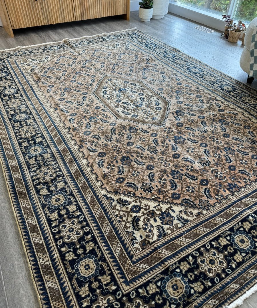 Persian-style area rug with blue, cream, and dark navy geometric border and center medallion