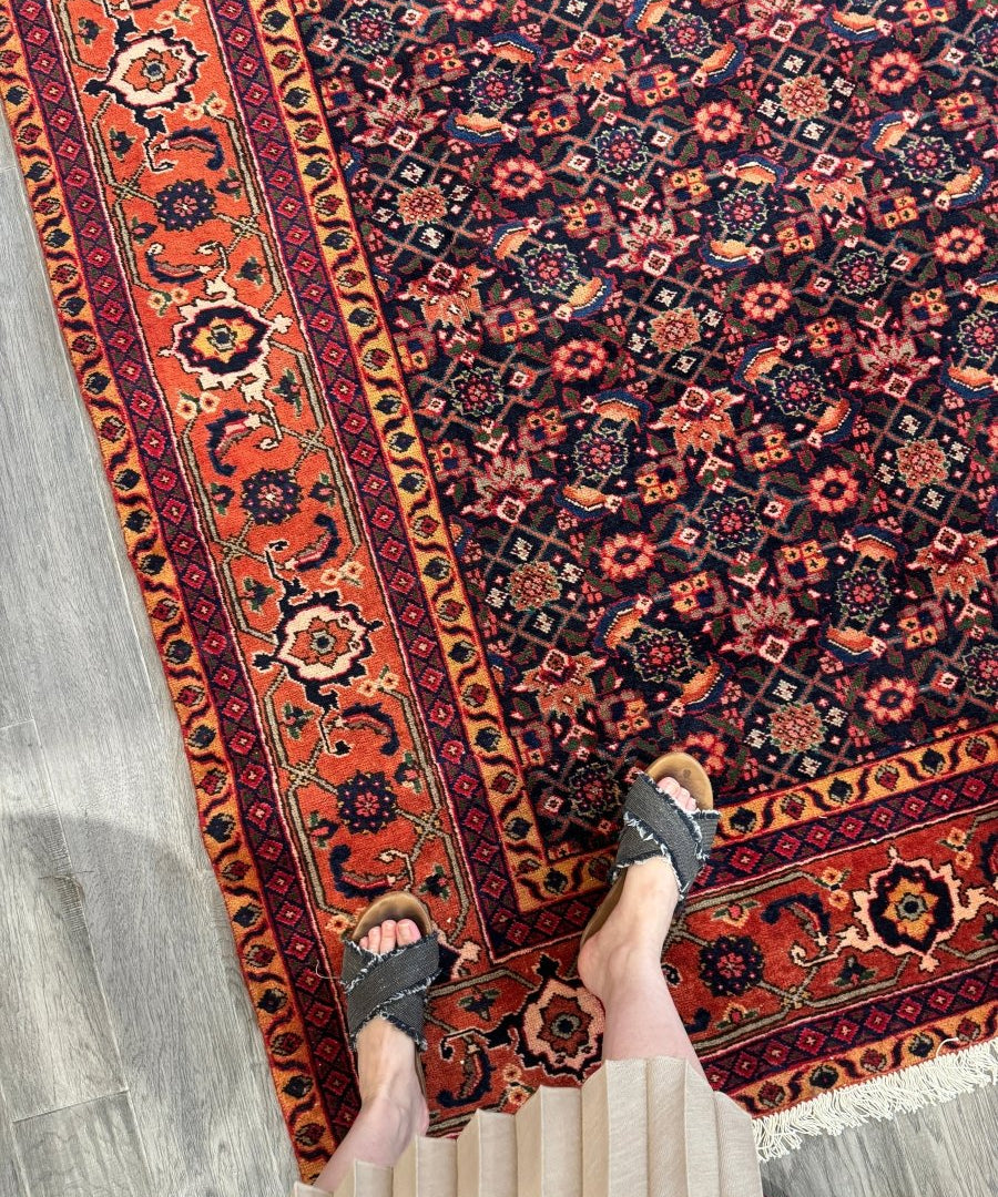 Persian Ardabil rug in navy and rust with repeating medallion field and cream fringe edge