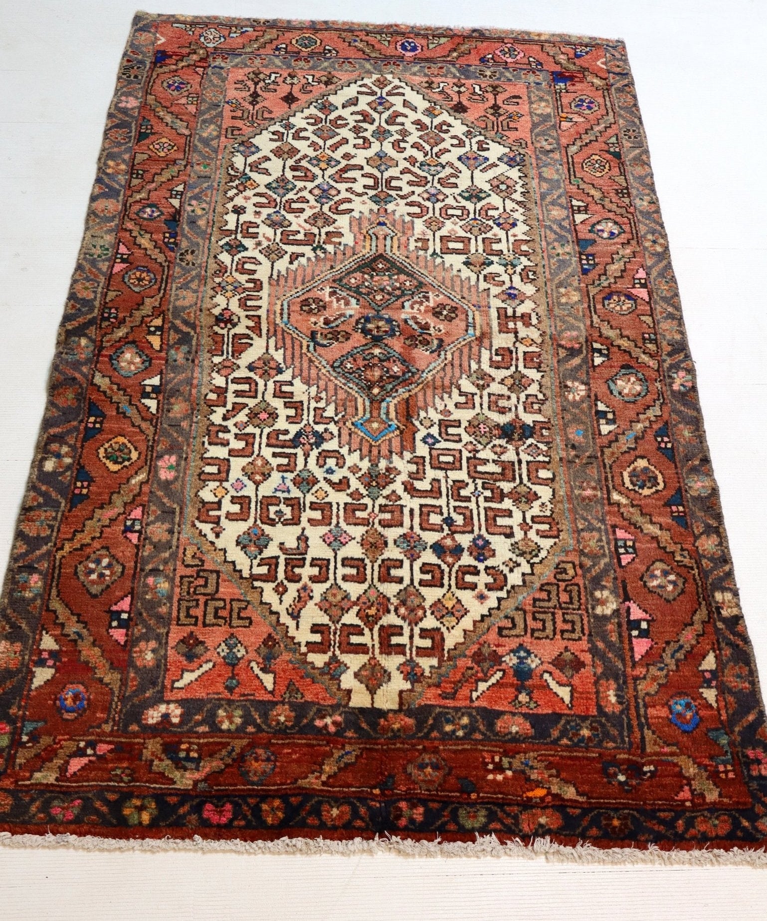 Persian-style rug front view with cream medallion and rust border accents