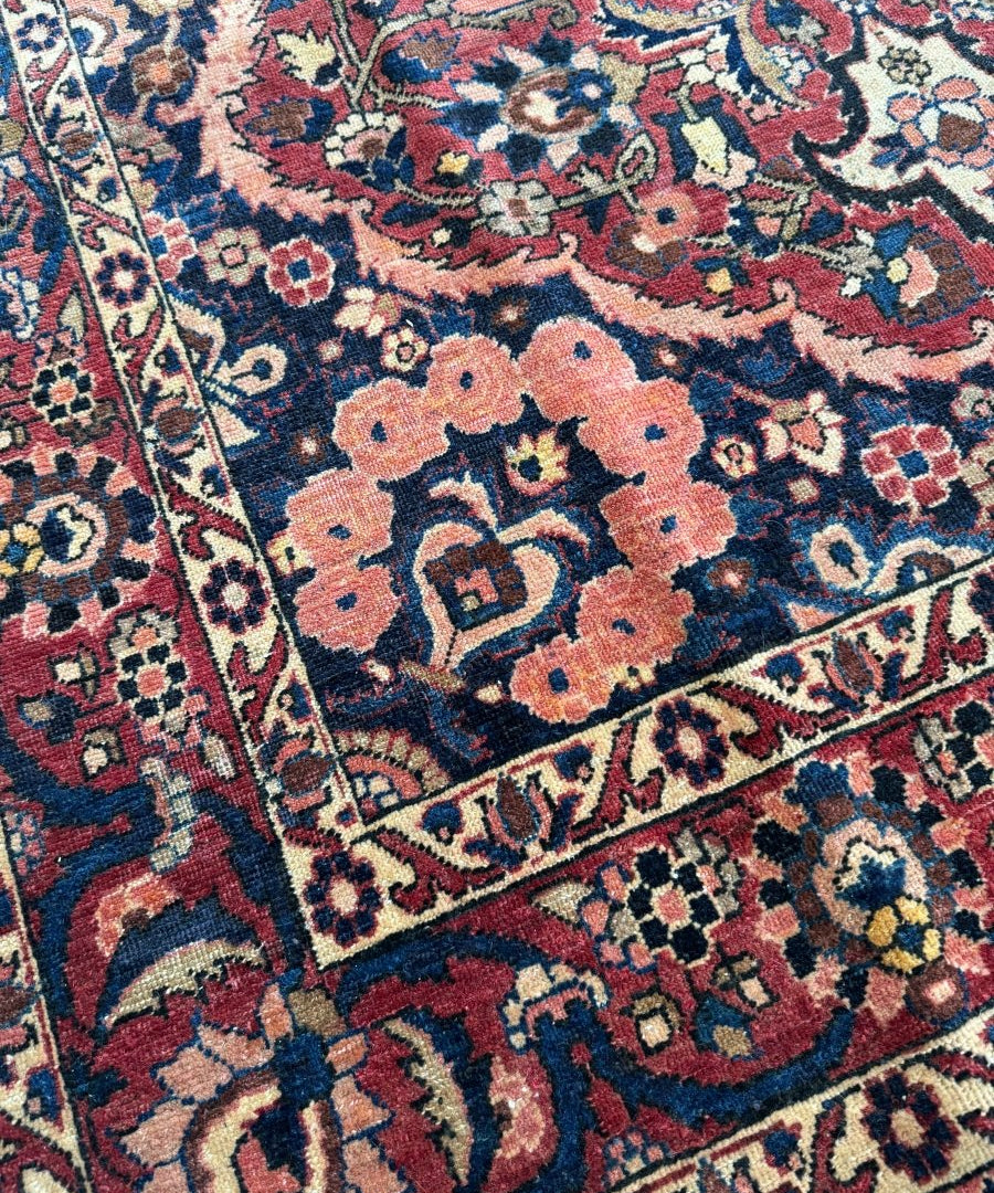 Persian Bakhtiar rug close-up of navy field with peach red motifs and patterned border