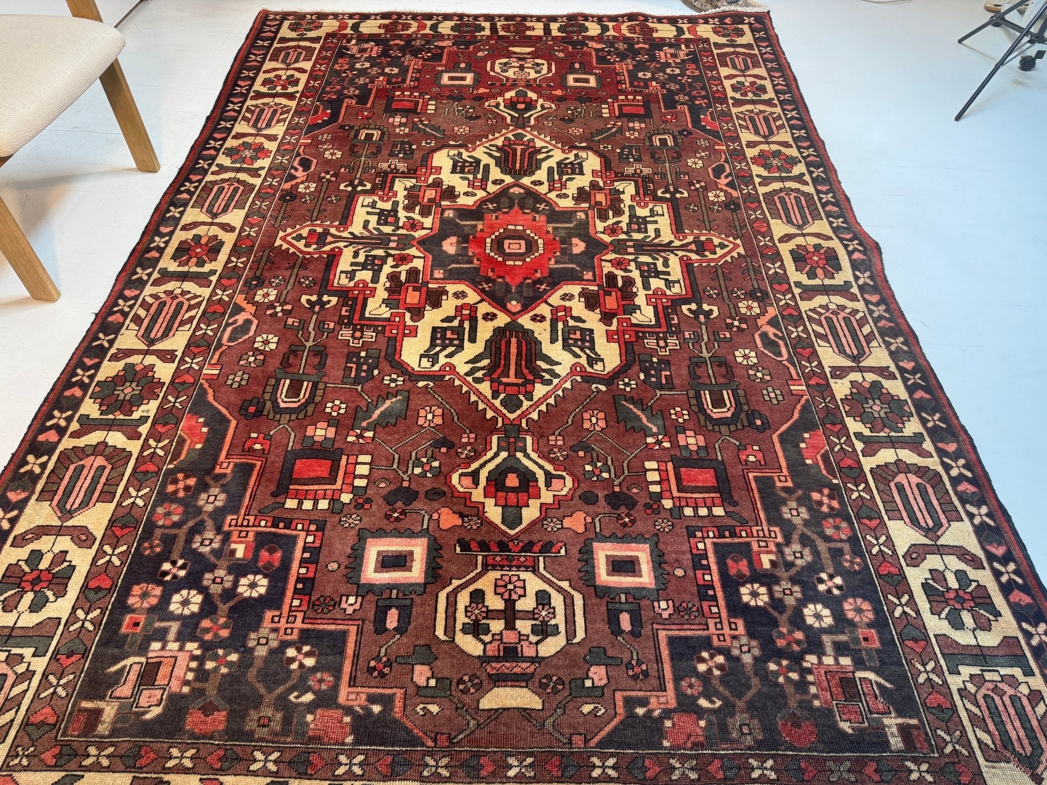Persian Bakhtiar rug top view with symmetrical medallion pattern in red, cream, and dark