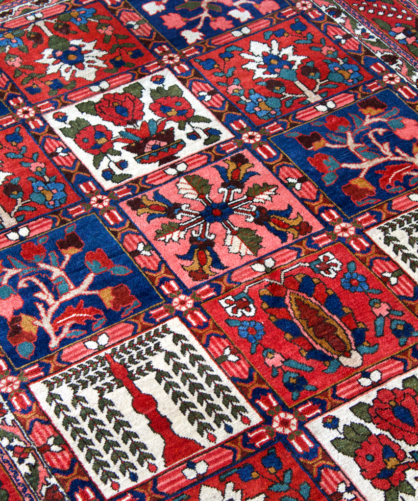 Persian Bakhtiari rug top view with red-blue lattice blocks and ivory accent medallions