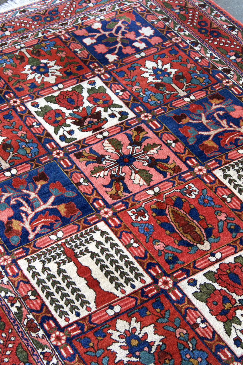 Persian Bakhtiari rug top view with red-blue lattice blocks and ivory accent medallions