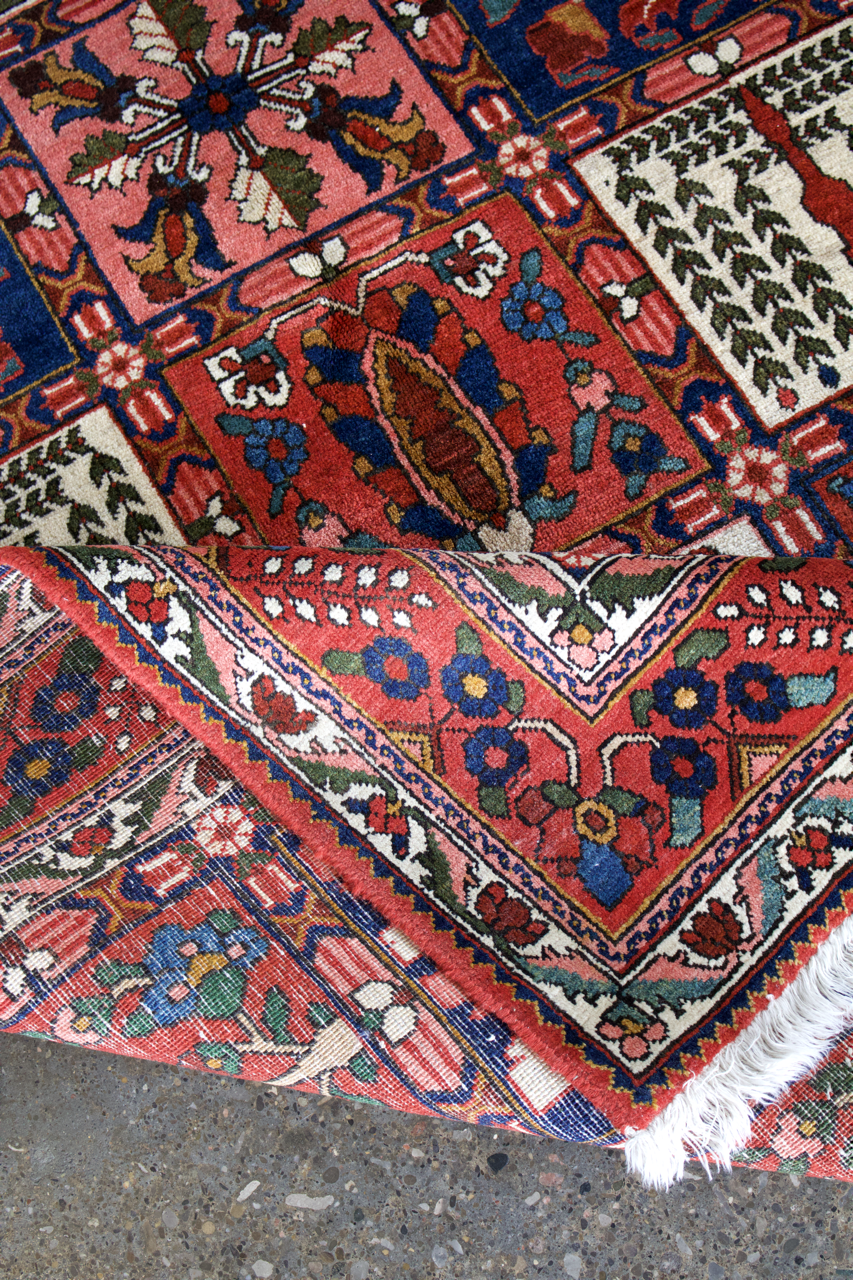 Persian Bakhtiari rug corner with red medallion, blue border, and fringed edge