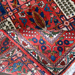 Persian Bakhtiari rug corner with red medallion, blue border, and fringed edge