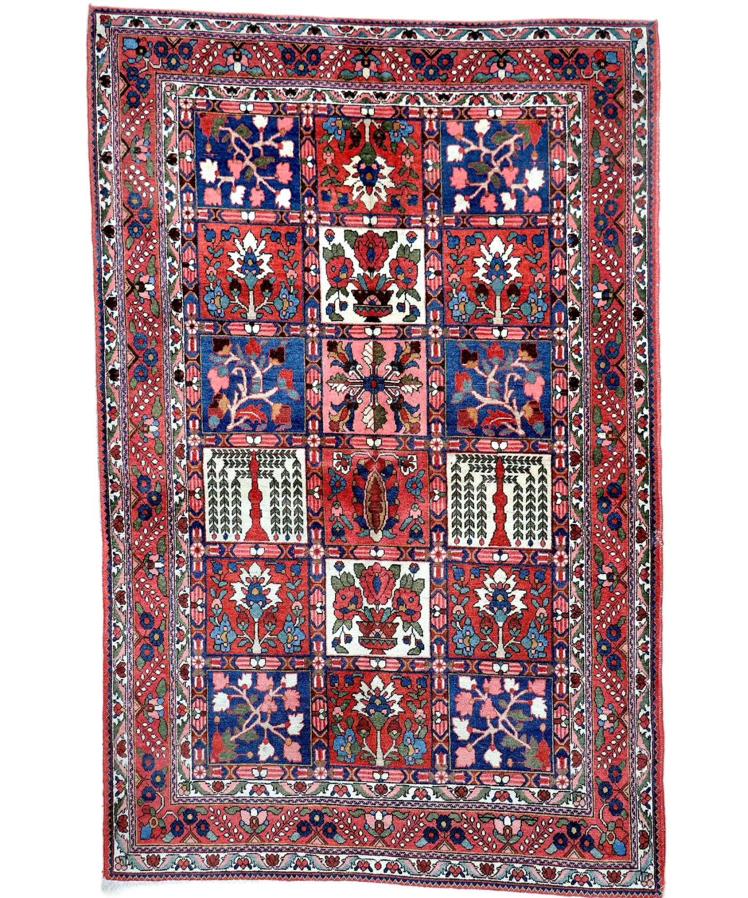 Persian Bakhtiari rug featuring a blue-red central medallion and patterned border