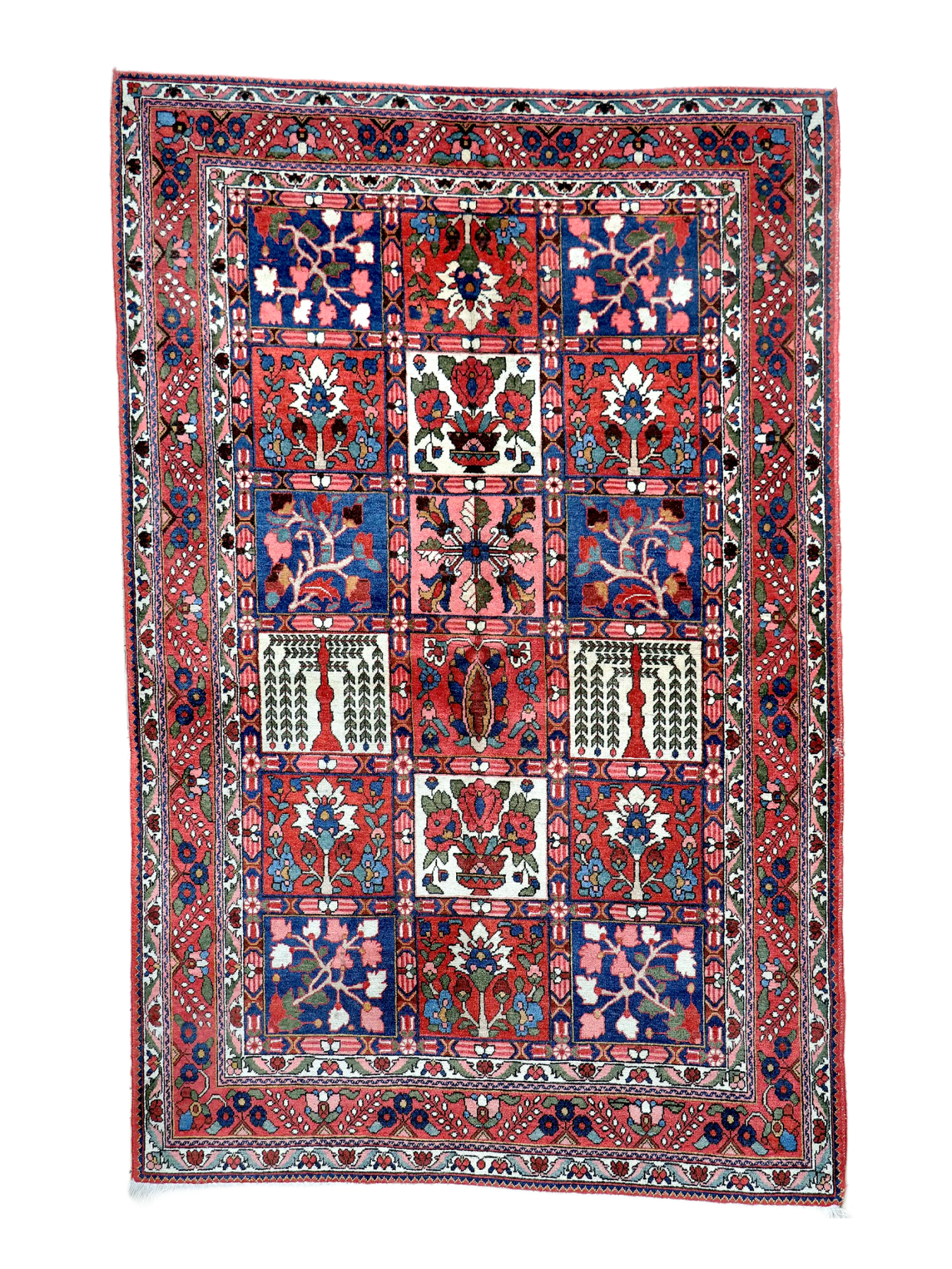 Persian Bakhtiari rug featuring a blue-red central medallion and patterned border